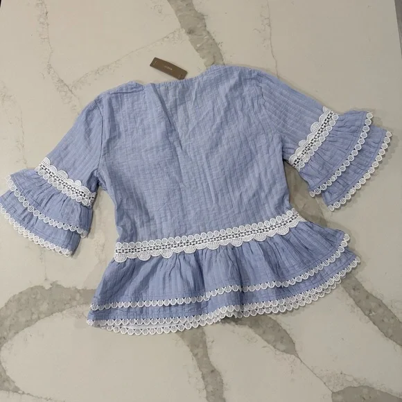 J. Crew NWT Pleated V-Neck Ruffle Sleeve Peplum Blouse Lace Trim Women’s XS Blue - Picture 10 of 10